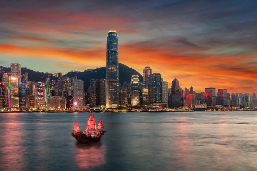 夕阳下的香港维多利亚港与城市天际线